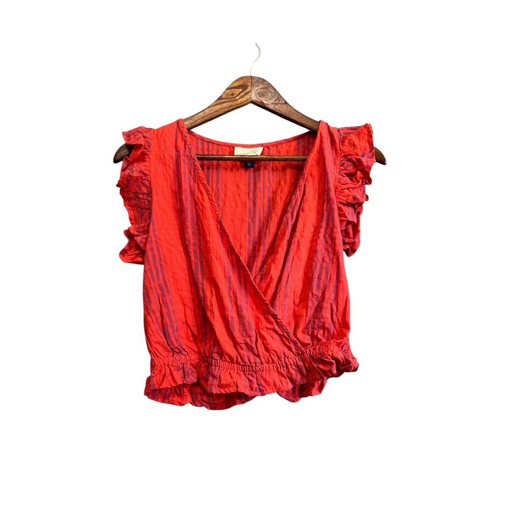 Universal Thread Wrap Top Womens S Red Excellent Ruffle Sleeve Striped Peplum